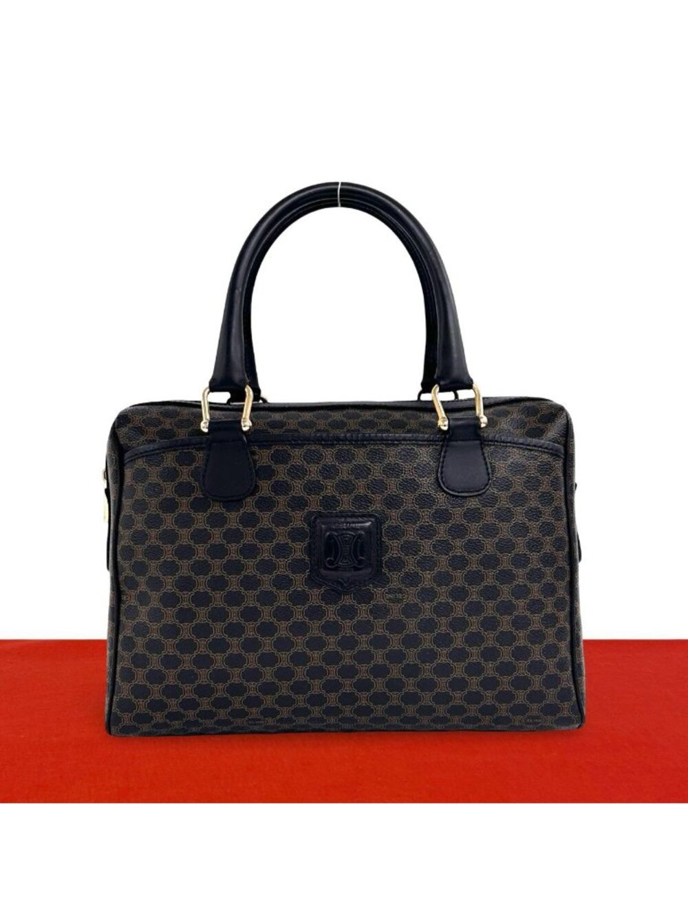 Celine Vintage Macadam Blason Pattern Leather Mini Boston Bag Black Brown